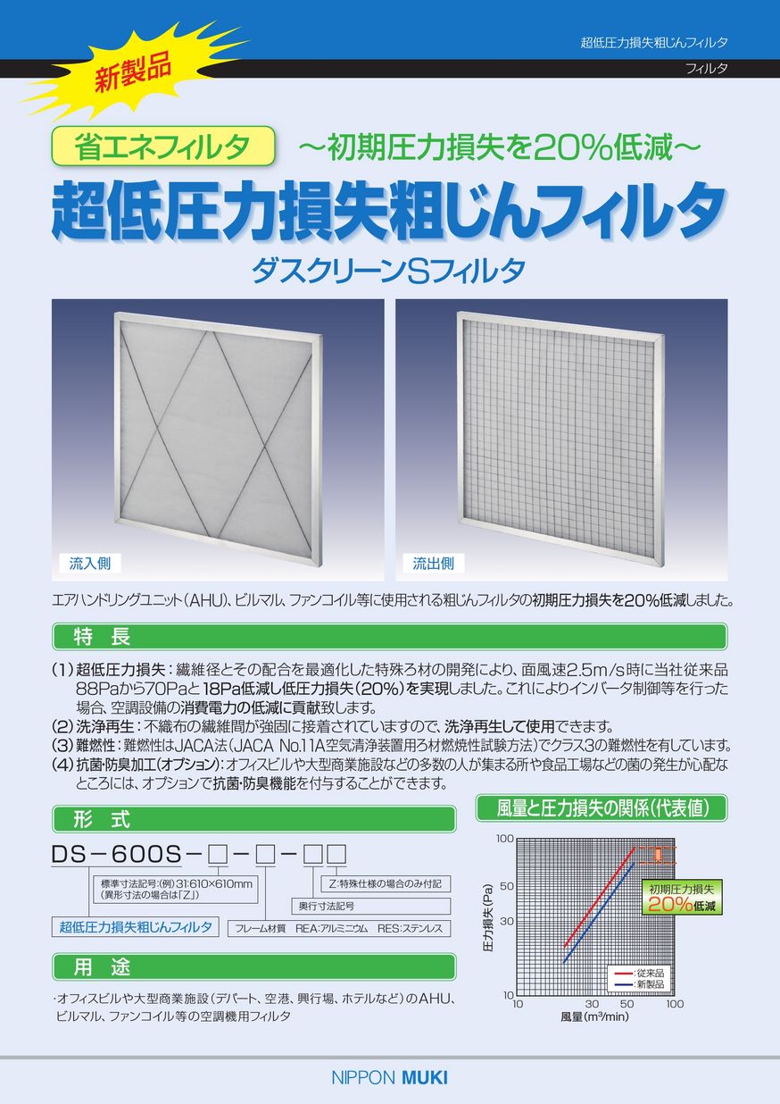 超低圧力損失長寿命粗じんフィルタ ダスクリーンS